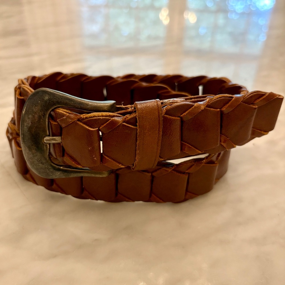Brown‎ Leather Braided Belt with Silver Buckle Made in India Medium Boho Classic
